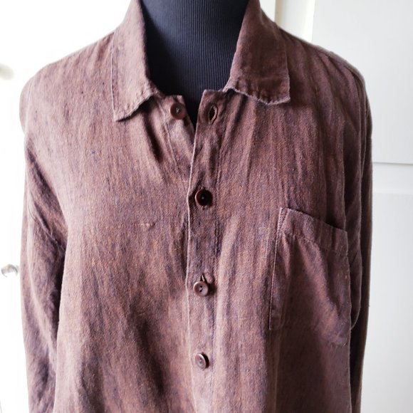 FLAX Size S Brown Linen Long Button Down Shirt - Picture 2 of 5